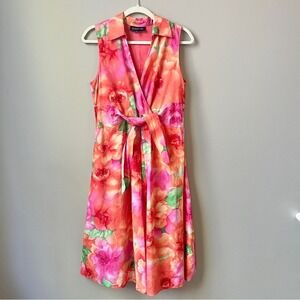 Jones New York Dress Women's Size 6 Linen Midi Floral Pink Coral Beachy Tropical